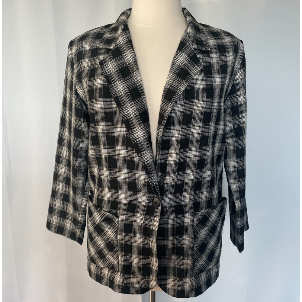 Vintage Blazer Jacket Size Large Black Cream Plaid Tartan Lighweight Academia